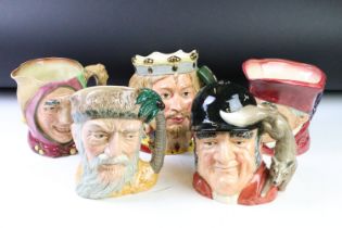 Five Royal Doulton character jugs to include King Arthur (D7055), Robinson Crusoe (D6532),