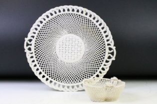 Belleek four-strand reticulated plate (approx 29cm wide), together with a Belleek three-strand