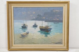 Hugh E Ridge (1899 - 1976), boats at anchor with town beyond, oil on canvas, signed lower right,