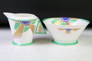 Shelley Art Deco Vogue Sunray pattern sugar bowl & milk jug, pattern no. 11747, in blue, green &