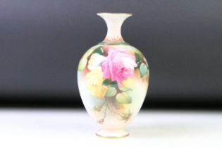 Late Victorian Royal Worcester baluster vase with hand painted rose decoration, signed W. Harbron,