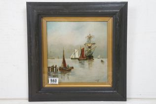 J E Burnip 1907, Oil on Board Fishing Boats and Tallship in still waters, signed and dated, 25cm x