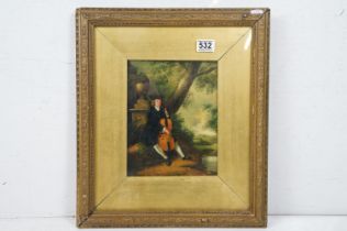 Oil on Panel Portrait of an 18th century Gentleman with cello seated in woodland, gilt framed,