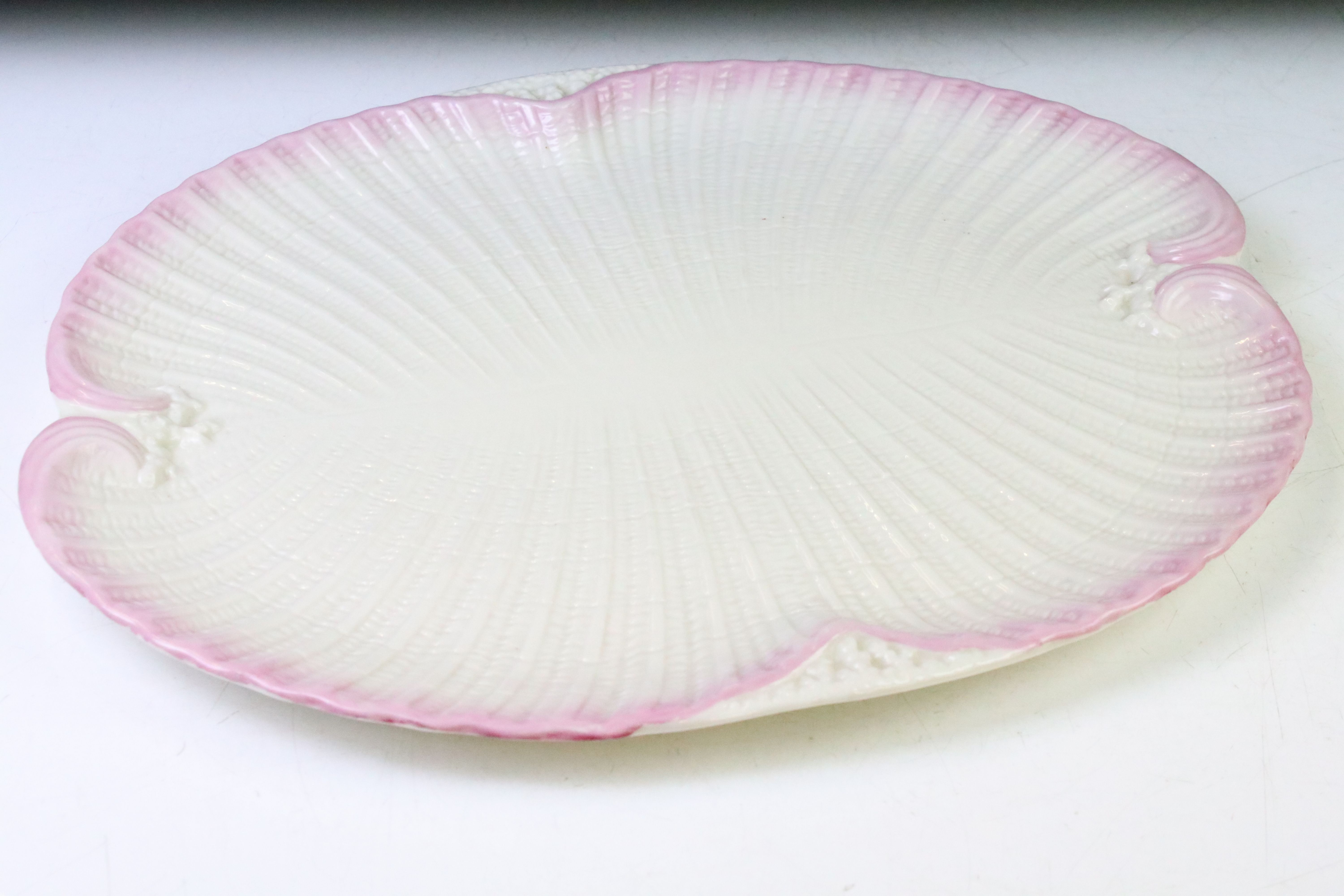 Late 19th / early 20th C Belleek Porcelain 'Neptune' pink shell pattern cabaret tea set for two, - Image 2 of 13