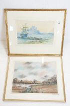 T Baker 1913, Gilt Framed Watercolour Coastal View with figures fishing, boat and castle together