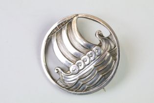 A mid 20th century sterling silver David Andersen Viking longboat brooch, marked David Andersen