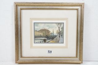 Eastern European Watercolour Cityscape with figures by a canal, Artists name and title to verso,