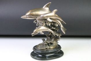 Bronze Effect Pod of Dolphins on a Marble Base
