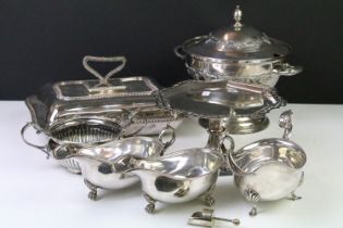 Collection of silver plated items to include a Harrods gravy boat, two Sheffild plate examples,