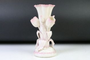 Late 19th / early 20th C Belleek pink tulip pattern vase, the central reeded trumpet bordered with