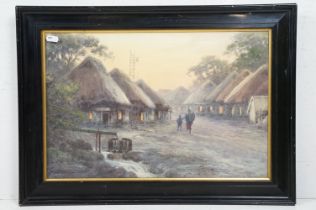 Oriental School, figures walking by huts, watercolour, indistinctly signed lower left, 31.5 x