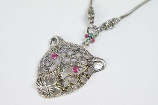 Silver Leopard Headed Necklace with Ruby eyes