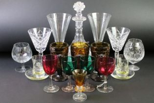 Collection of 20th Century glassware to include coloured glass drinking glasses (featuring a set