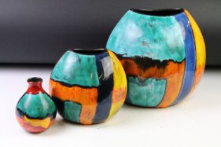 Three Poole Pottery 'Gemstones' pattern vases to include two purse vases (tallest approx 26cm),