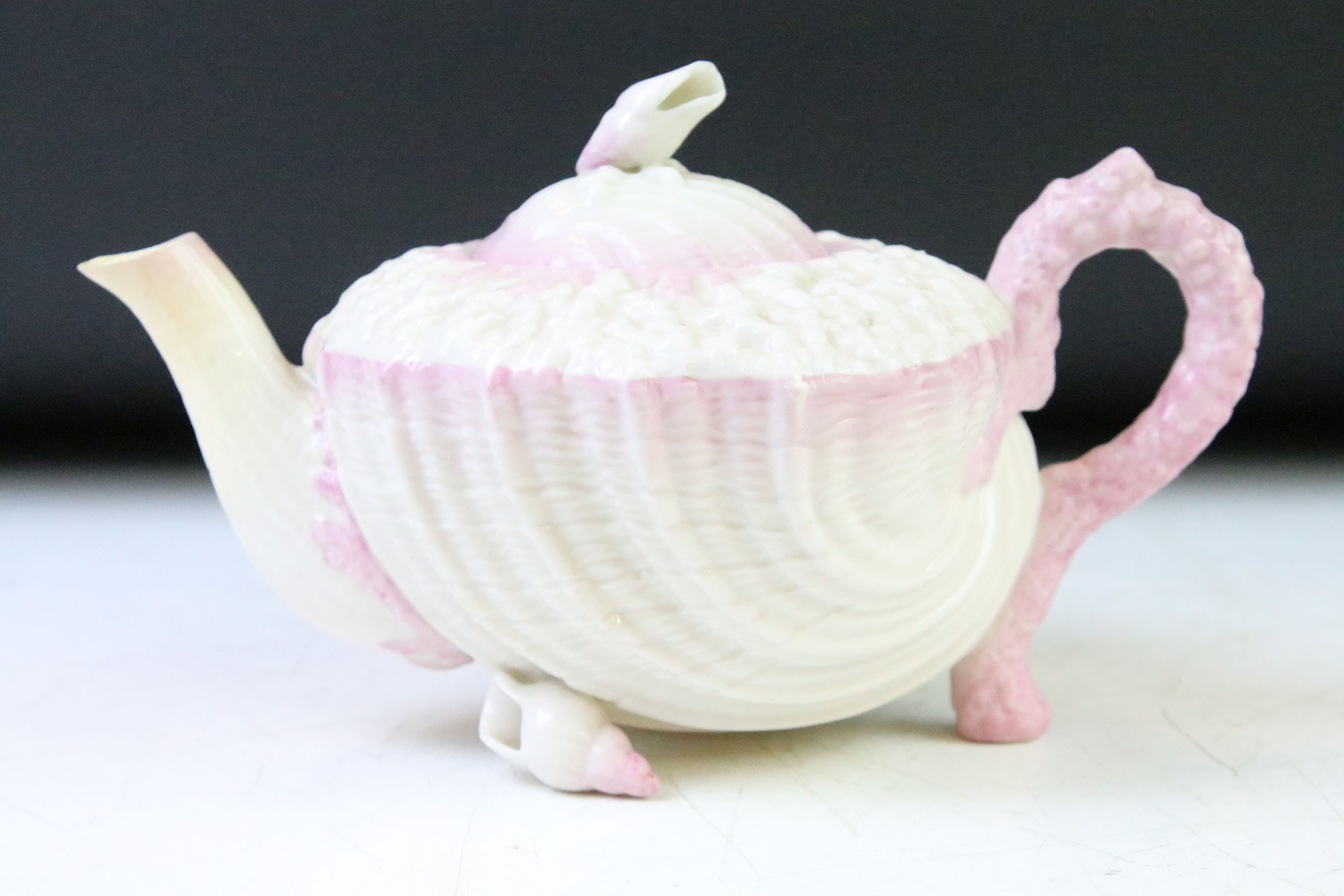 Late 19th / early 20th C Belleek Porcelain 'Neptune' pink shell pattern cabaret tea set for two, - Image 4 of 13