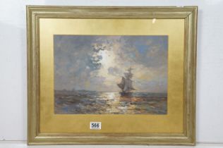 Gilt Framed Oil on Board Nautical Seascape with sail ship under sunlit skies, 27.5cm x 39cm