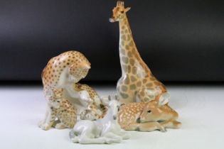 Collection of Russian Lomonosov / USSR ceramic animals to include a giraffe, leopard and cub and