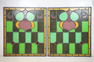 Two Leaded Stained Glass Panels with Art Nouveau decoration, 63cm x 54cm