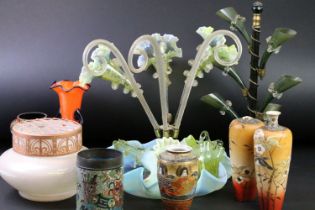 Collection of Victorian ceramics to include a vaseline glass epergne (a/f), green glass epergne,