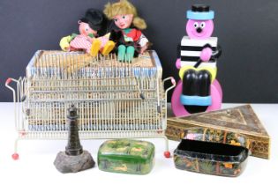 Assorted collectables to include two Pelham puppets, wicker sewing box, vintage record racks, Indian