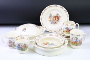 Royal Doulton Bunnykins ceramics to include a lidded dish, two childs bowls, four mugs, four