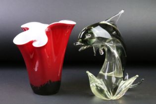 Murano smoked glass sculpture of a leaping dolphin (approx 24.5cm high), together a red glass vase