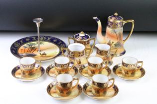 Japanese Noritake coffee set with hand painted desert scenes depicting a figure riding a camel