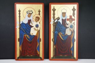 Pair of Catholic religious icons each having a hand painted Virgin and child before a gilt