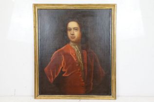 English School, portrait of a gentleman in a red coat, oil on canvas, 74.5 x 62.5cm, gilt framed
