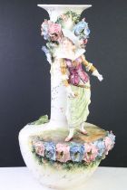 20th Century large ceramic centre piece vase having an applied figure of a woman with floral