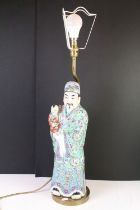 Chinese porcelain lamp base in the form of a man with baby each wearing coloured enamelled robes,
