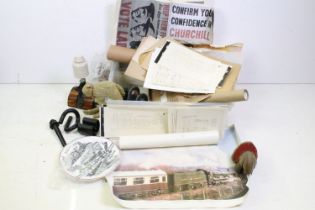 Collection of assorted railway items to include ceramic cable brackets, train posters, black and