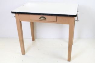 Early 20th century Enamel Top Pine Kitchen or Scullery Table with single drawer and rails to