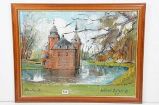 Continental School, building by a lake, oil on board, indistinctly signed lower right, inscribed
