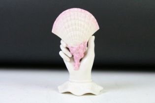 Late 19th / early 20th C Belleek porcelain 'hand & shell' vase, embellished in pink, with 2nd period