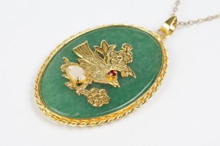 Chinese Inlaid Lucky Yellow Metal Pendant with 9ct gold chain