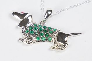 Silver Dachshund Dog Pendant Necklace with Emerald Coat