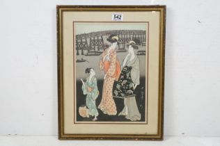 Kitagawa Utamaro (1753-1806) Signed Japanese Woodblock Portrait of Ladies and Girl in Traditional