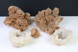 Group of crystal rock specimens to include a white crystal geode, and dessert rose crystal