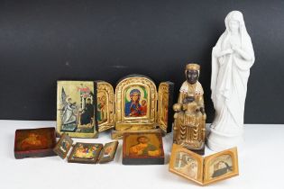 A small group of religious collectables to include a blanc de chine virgin mary and a selection of