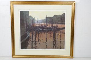 Jeremy Barlow limited edition serigraph print on paper featuring gondolas on the grand canal. Signed