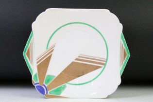 Shelley Art Deco Vogue Sunray pattern twin-handled sandwich plate, in blue, green & gilt, pattern