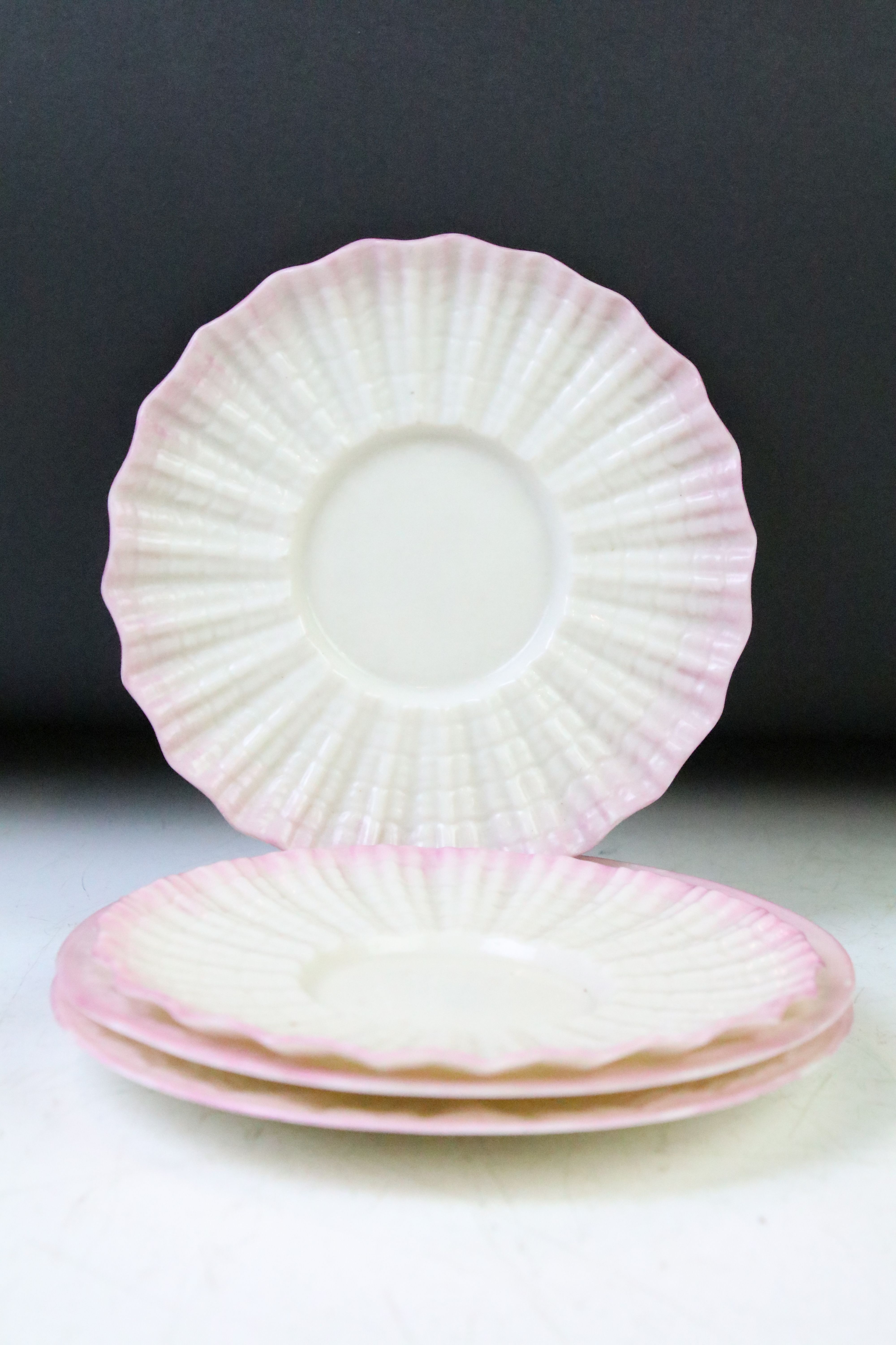 Late 19th / early 20th C Belleek Porcelain 'Neptune' pink shell pattern cabaret tea set for two, - Image 10 of 13