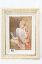 Framed Oil Painting of an Art Deco Lady holding a looking glass, 28cm x 17cm