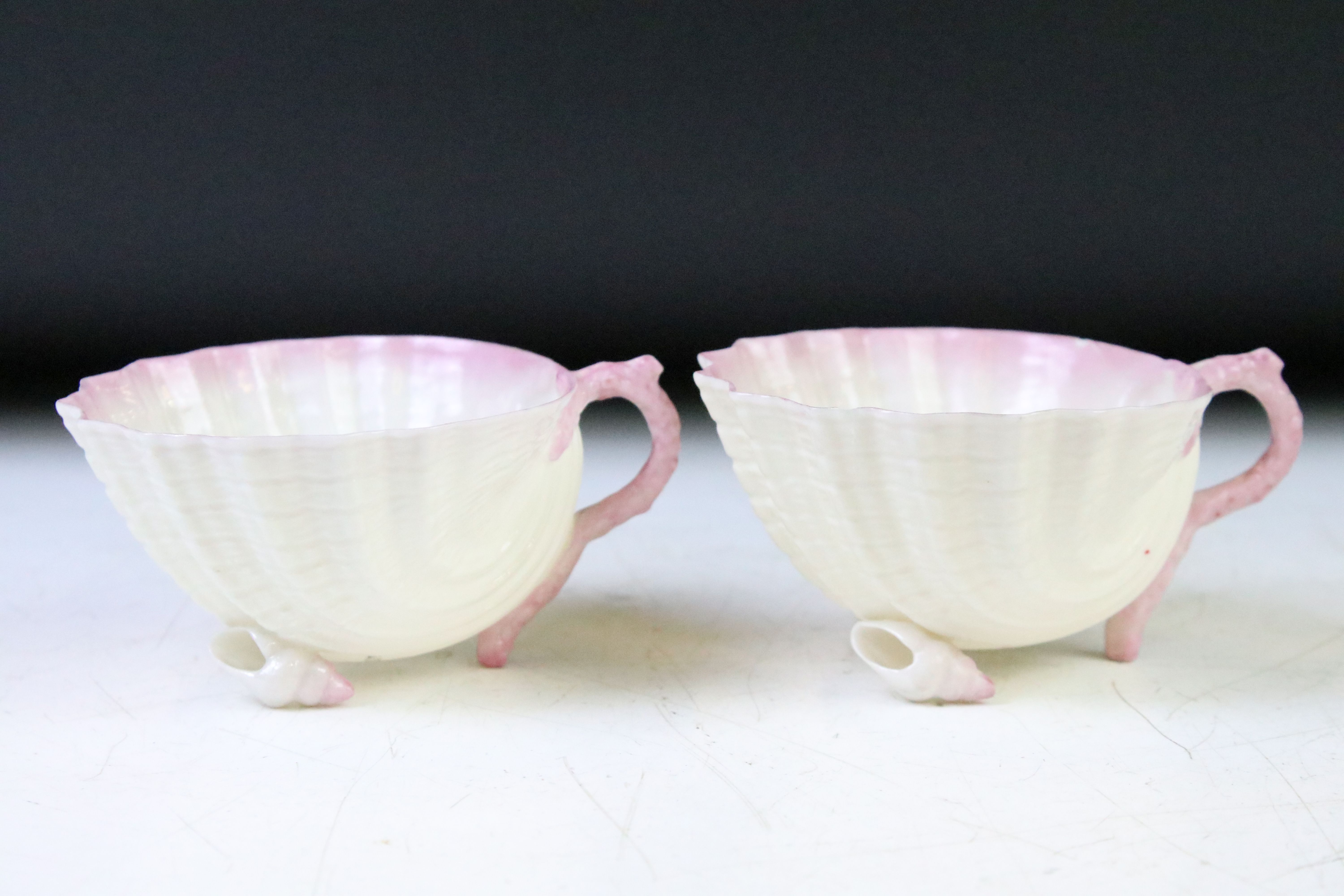 Late 19th / early 20th C Belleek Porcelain 'Neptune' pink shell pattern cabaret tea set for two, - Image 12 of 13