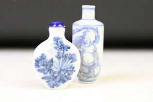 Two 18th / 19th Century Chinese blue & white porcelain snuff bottles, the tallest decorated with a