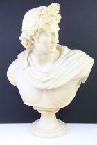 Resin bust depicting Apollo the Ancient Greek god of sun & poetry, of classical presentation, raised