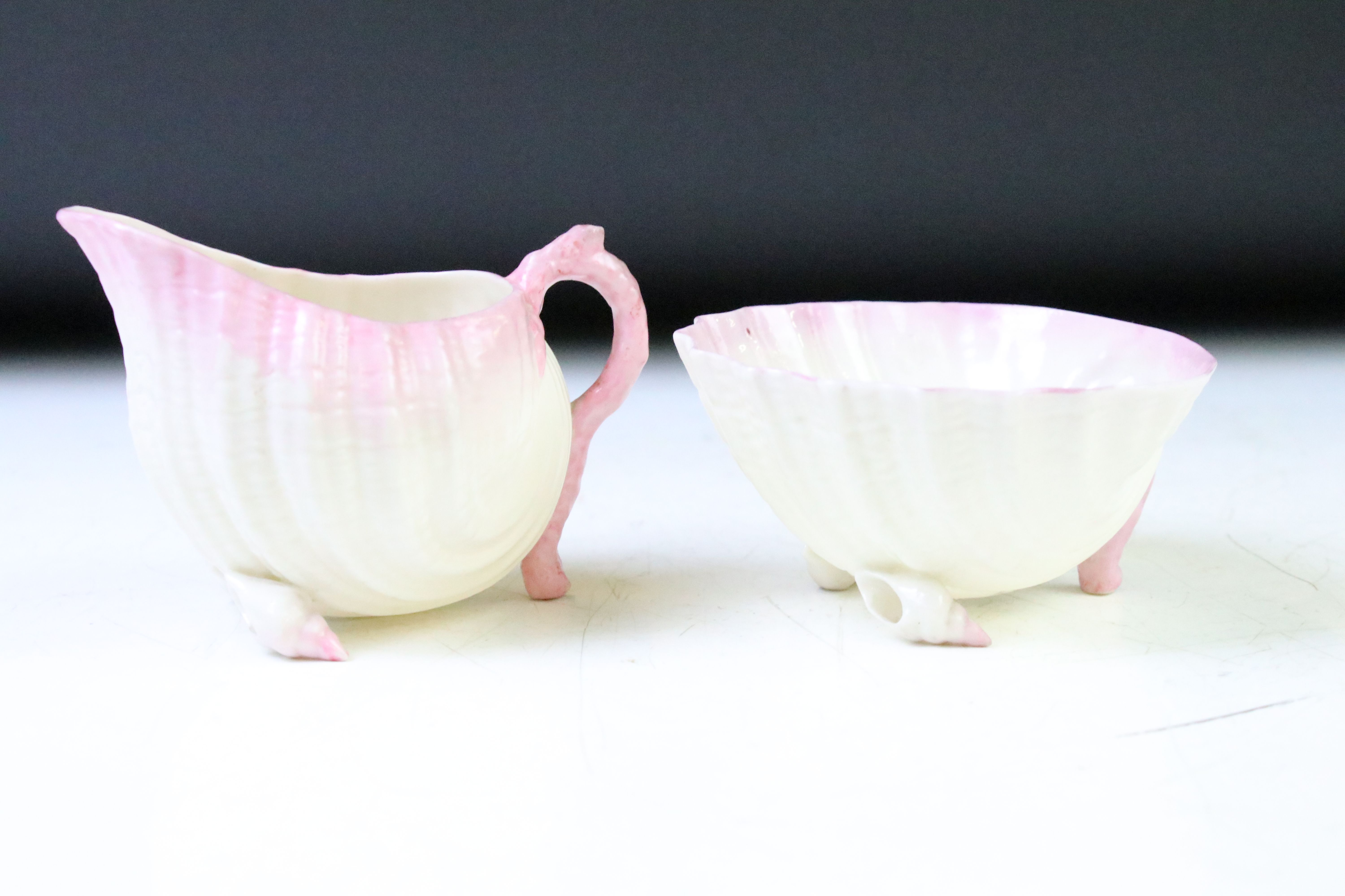 Late 19th / early 20th C Belleek Porcelain 'Neptune' pink shell pattern cabaret tea set for two, - Image 8 of 13