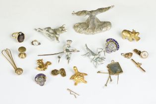 Group of Collectables including Lead Figures, Gilt Turtle, Silver Plated Dog, Eagle, Badges, etc