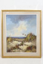 J H Kleinhout, Duingezicht met vliegende eenden (Dune view with flying ducks), oil on canvas,